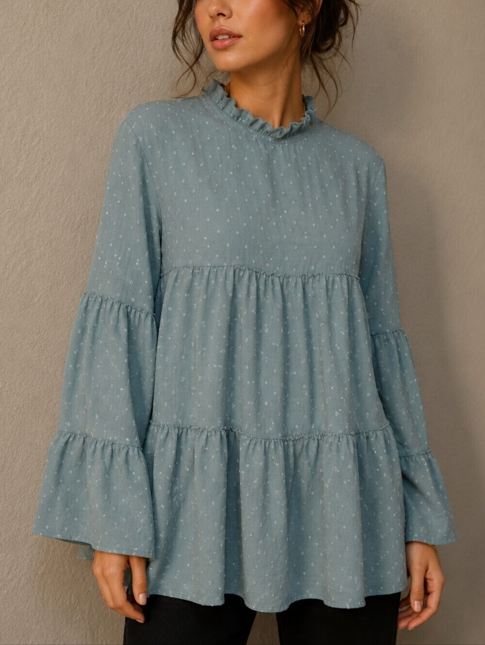 VIKIK Blue High Neck Ruffle Swiss Dot Tiered Babydoll Bell Sleeve Tunic